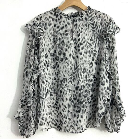 Ann Taylor snow leopard ruffled sleeve mock neck top white black casual size XL - Picture 15 of 16